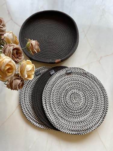 Image of Retro Polypropylene 3 Pc Round Trivet with Basket Holder | Braided Pot MAT, Side Table Mat, Machine Washable Small Place Mat for Casserole for Dining Table (9 inch Dia)