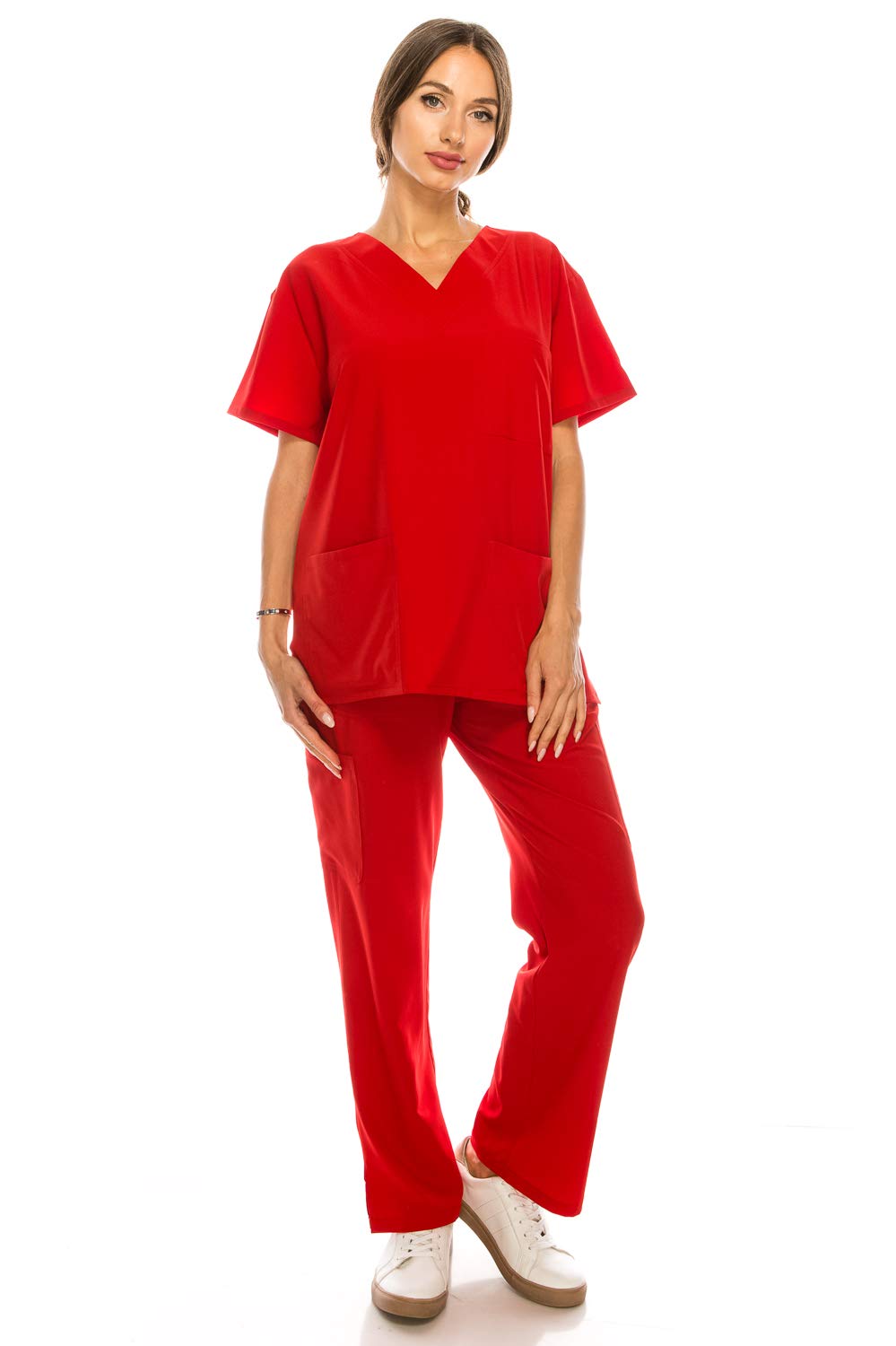 Banhada 8-Pocket V-Neck Top Medical Scrubs Set for Woman - 4 Way Stretch, Comfort, Light Weight RED, L