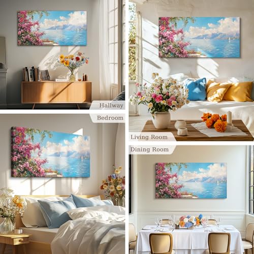 crmotu Coastal Wall Art, Landscape Art Wall Decor, Floral Wall Art, Lake Sailboat Large Artwork, Rustic Pictures Wall Decor Living Room, Bedrooom Art Prints, Cottagecore Peaceful Decoration 24x48inch