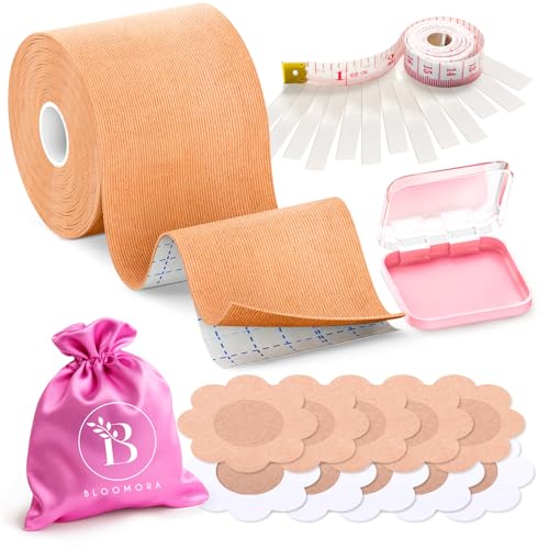 BLOOMORA Boob Tape Premium – Remonte Sein Adhésif – avec Cache Tétons – Bande Adhésive Poitrine – Scotch Poitrine Femme Invisible – 5cm Large – Nombreux Accessoires Inclus – Beige