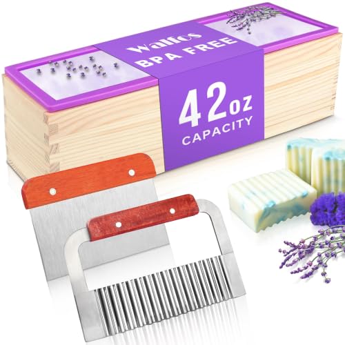 Walfos Silicone Soap Mold - Flexible Rectangular Loaf Mold Comes with Wood Box, Stainless Steel Wavy...