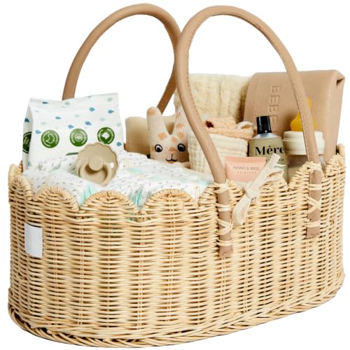 BEBE BASK Premium Baby Diaper Caddy Organizer - Handmade & Award-Winning Scalloped Rattan Basket - Luxury Diaper Caddy Basket - Elegant Scalloped Edge (Natural)