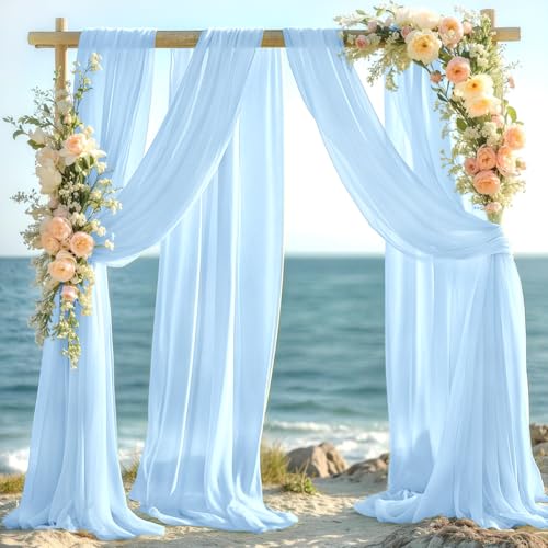 Image of Light Blue Wedding Glitter Arch Draping Fabric 29 inch x 6.5 Yards 3 Panels Sheer Backdrop Curtains Drapery for Summer Wedding Ceremony Birthday Party Indoor Ceiling Decor