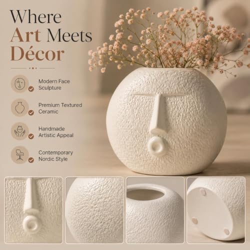 Image of Ceramic Face Vase for Home Decor, 6 Inch Modern Abstract Nordic Planter Vase for Flowers, Pampas Grass & Creepers, Decorative Tabletop Accent for Living Room, Office & Gifting