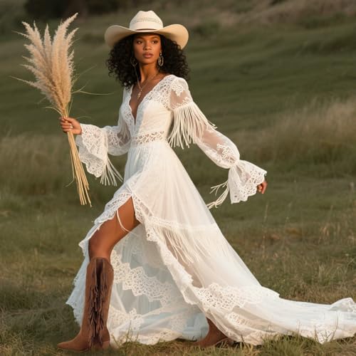 Image of KiutSymo Cowgirl Fringe Boots For Women White Tassels Cowboy Boots Knee High Pointed Toe Western Boots