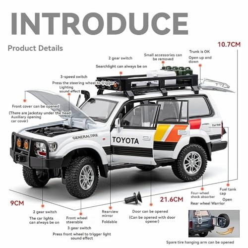Image of 1:24 Land Cruiser Toy Car for Kids Diecast Metal Car Light Sound Pullback Openable Door Scale Model Cars, Multicolor