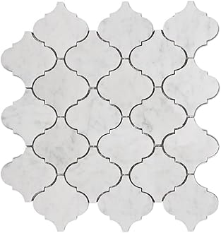 Diflart Marble Mosaic Tile, Carrara White, 3 Inch Arabesque, Polished, Marble Backsplash Tiles for Kitchen Bathroom Wall Floor, Pack of 5 Sheets