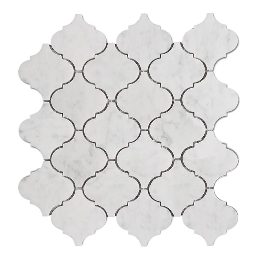 Diflart Marble Mosaic Tile, Marble Backsplash Tiles for Kitchen Bathroom Wall Floor, Pack of 5 Sheets (White Carrara Polished, 3 Inch Arabesque)