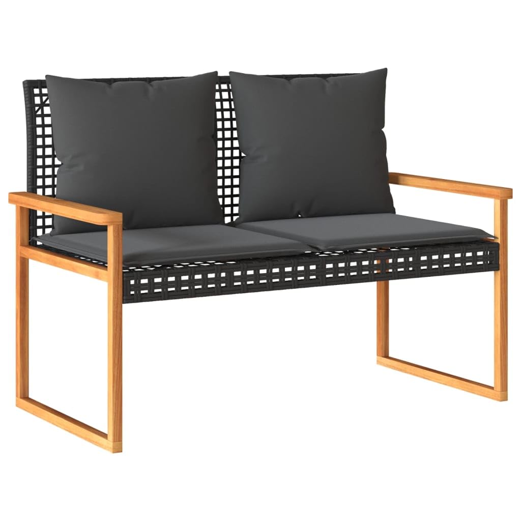 Banco de jardín con cojín de polirratán negro de madera de acacia, juego de 2 asientos para exteriores con fundas extraíbles, cómodo acolchado para terraza y balcón, marco de acero duradero