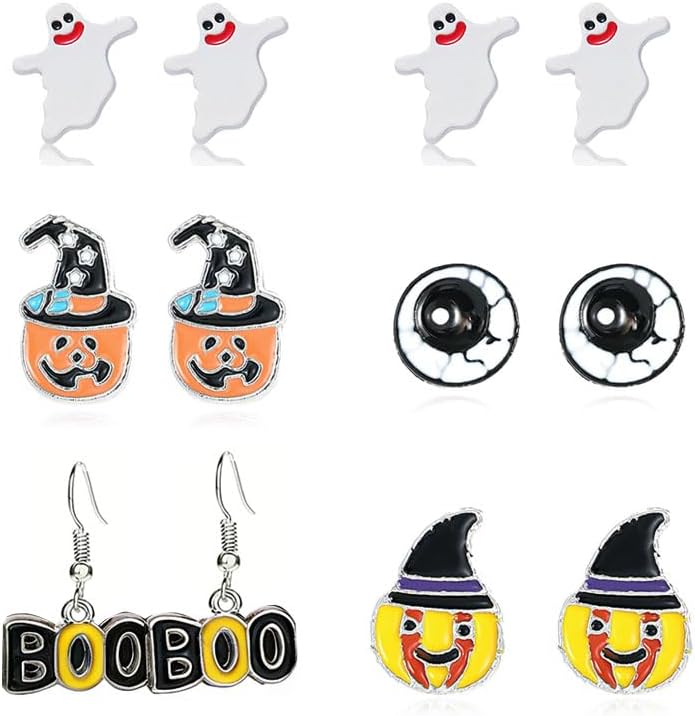 6 Pairs Halloween Stud Earrings for Women Cute Tiny Spider Web Pumpkin Ghost Bat Stud Earrings Halloween Outfits Accessories Costume Party Gift