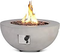 ReeQuo 31.5" Round Concrete Propane Fire Pit Table, 50,000 BTU Smokeless Burner, Lid, Lava Rocks & Waterproof Cover for Patio