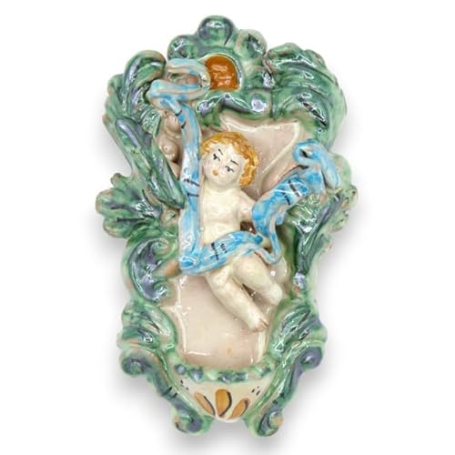 SICILIA BEDDA CAPACI Acquasantiera (1Unità) in Ceramica Caltagirone con putto - h 13 cm ca. con Cinque opzioni Colore - Verde