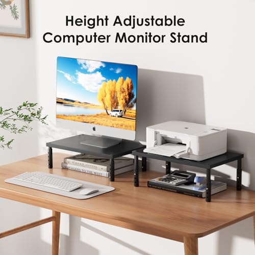 Image of ECOLOVI Adjustable Wood Computer Monitor Stand Riser, Office Desk Organizer and Accessories for Monitor, Laptop, PC, Printer, Office Desk Accessories Workspace Organizer for Home Office Supplies, Black