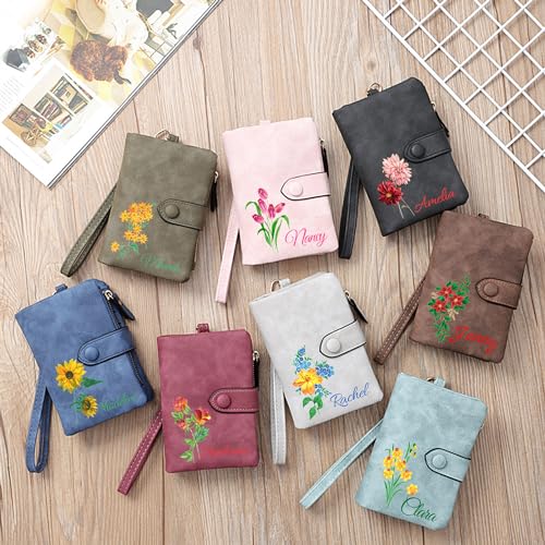 Personalized Wallet Custom Birth Flower & Name, Small Leather Wallet Coin Purse Card Holder for Women Mom Teen Girls Valentines Day Gifts for Her, Customized Wristlet Wallets Bridesmaid Gifts2
