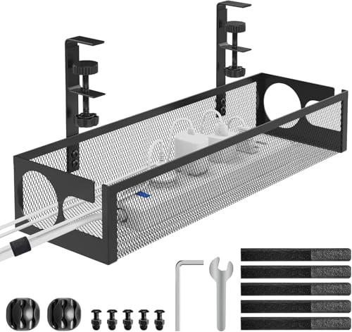 Image of Under Desk Cable Management Tray with Clamp, No Drill Metal Mesh Cable Organizer Rack for Desk Wire Storage, Computer Cord Holder Basket for Office Home Workspace Setup