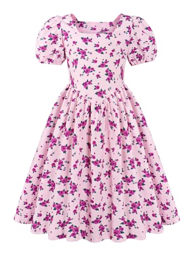 Febbabe Girls Dresses Puff Short Sleeve Floral Print Midi with Smocked Waist for Tea Party Dress Size 9-10 Years