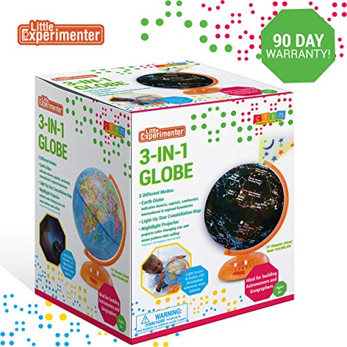 Image of Little Experimenter 3-in-1 Light Up Globe for Kids, 8 inch Illuminated Star Map World Globes & Built-in Night Lamp Projector, Learning & Educational STEM Toys, Gifts for Kids Ages 8 9 10 11+ Years Old