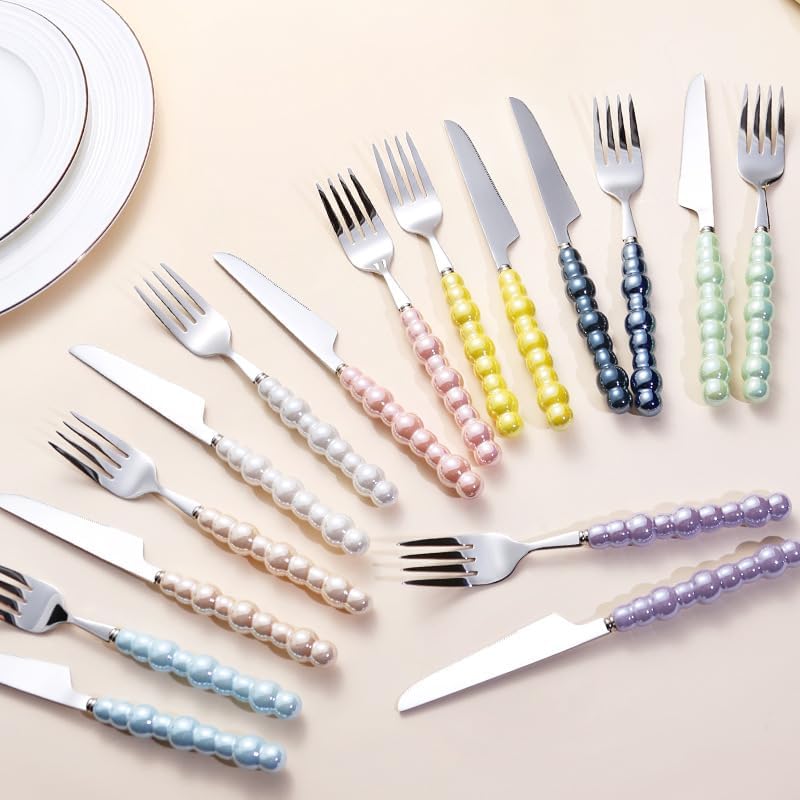 Silverware Flatware Set, 4/16/24/32/40/48 Pieces Ceramic Pearl Knives, Forks And Spoons 304 Stainless Steel Tableware Set Home Dining Spoon Steak Knife(Beige,4Set-16Pcs)