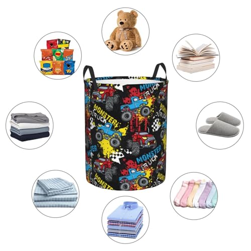 Image of Laundry Basket Monster Truck Room Decor,Round Laundry Hamper Waterproof Dirty Clothes Hamper Collapsible Laundry Baskets With Handles,Toy /Clothes Storage Basket For Home Dorm Bathroom Decor