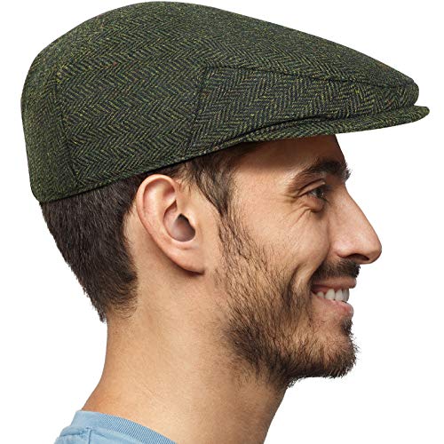 Men's Herringbone Flat Newsboy Hat 50% Wool Blend Tweed Gatsby Cabbie Ivy Classic Golf Cap Army Green #TOP1