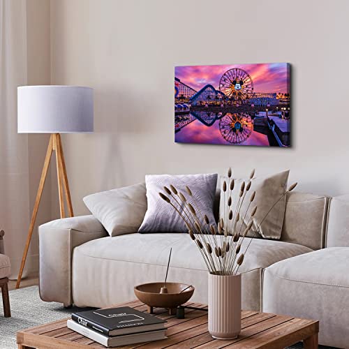 Image of Disney Canvas Wall Art Sunset Disneyland Ferris Wheel Picture Wall Decor for Girls Women Room Decor, Anime Castle Park Landscape Painting Prints Photo Panoramic Artwork Living Room Bedroom Decorations 16x24 inch