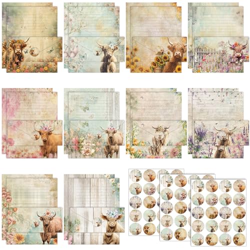 Image of TaoBary 160 Pcs Floral Highland Cow Stationery Paper and Envelopes Set 50 Double Sided Lined Stationery Paper with 50 Envelopes and 60 Round Dot Sticker 8.5 x 11'' Letter Writing Kit, 10 Design