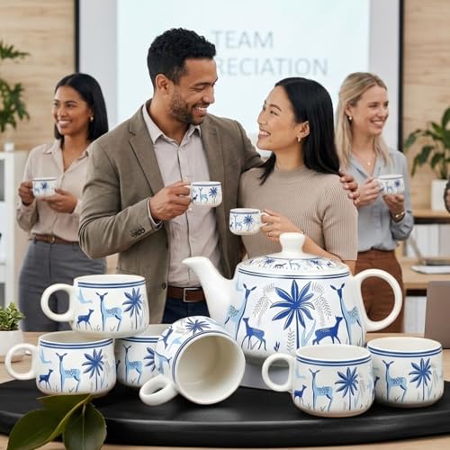 Image of DMRD MART-Handcrafted Ceramic Stag 7PC Tea Cup Set with Kettle Safe 6 Cups 1 Kettle | Tea Pot Set 1000ml Ceramic Porcelain Cup Set of 6 Perfect for Serving Coffee Green. (Dear Print 7pc)