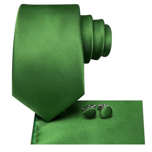 Image of Hi-Tie Men 63inches Tie Set Extra Long Necktie Paisley Tie Pocket Suqare Cufflinks Big and Tall Men Tie,Grass Green
