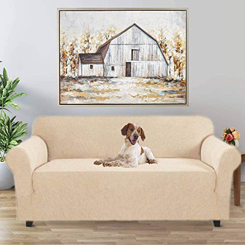 JINAMART High Stretch Couch Cover-One Piece Sofa Cover Furniture Protector + Two Cushion Covers and Pockets on The Sides (X-Large, Beige) - Thumbnail 4