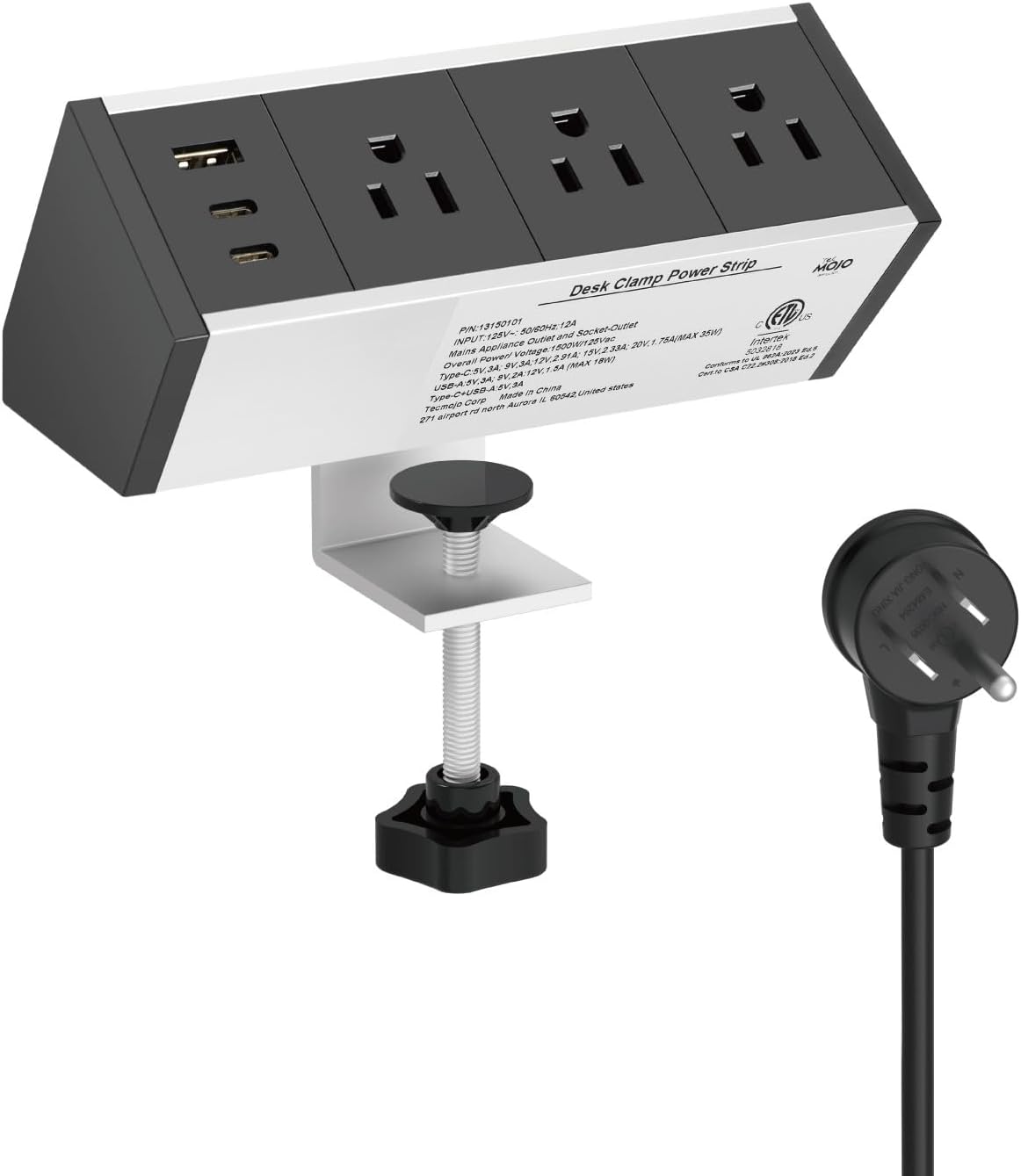 Tecmojo Desk Clamp Power Strip 3 Outlet with 1 USB A and 2 USB C Ports, 6 ft Cord, Desk Outlet Station Fit 1.6" Tabletop Edge, ETL Listed, Black