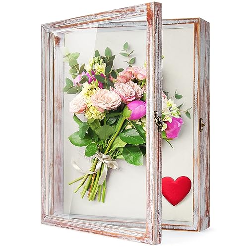 Image of TJ.MOREE Shadow Box 13x16 Memory Display Case Wood Picture Frame White Pink | Fits 12x15.6 Inserts with Linen Back Rustic Keepsake Box with Glass for Memorabilia Bridal Shower Wedding Gifts