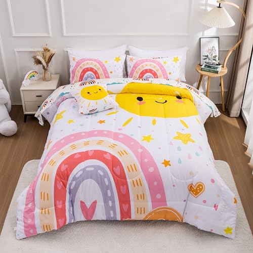 Btargot 5 Piece Pink Rainbow Comforter Set for Girls Boys Kids, Queen Size Cartoon Love Hearts Flowers and Sun Star Bedding Set, Bed in a Bag with Comforter, Sheets and Pillowcases
