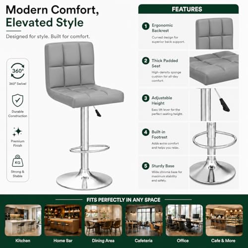 Image of Kemon KaiMeng Modern Adjustable Swivel Bar Stool Chair with Backrest, PU Leather Hydraulic Counter Stool with Footrest for Kitchen Island, Cafe & Home Bar, Grey, Square Tufted Back Stool