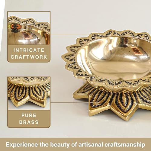 Image of Behoma 100% Pure Brass Padma Diya Set of 2 for Puja | Traditional Handcrafted Lotus Shape Oil Lamp Diya for Home, Temple, Office, Pooja Room Decoration, Festive Rituals & Housewarming Gift Item