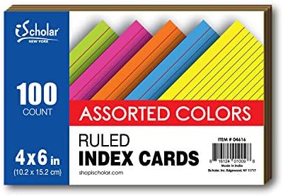 iScholar Index Cards, Assorted Colored, Ruled, 4 x 6 Inches, 100 Card Pack (04616)