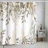 Duschvorhang mit grau-braunem Eukalyptusblattmuster, Anti-Schimmel-Effekt, beiges Design mit hängenden Zweigen, wasserdichter Stoff (180 x 260 cm/B x H)