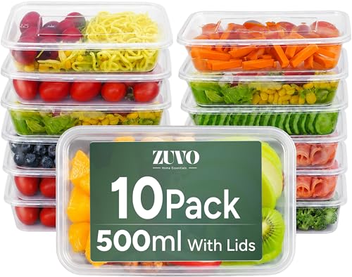Zuvo Plastic Food Containers with Lids 500 ml Reusable Takeaway 10 Pack