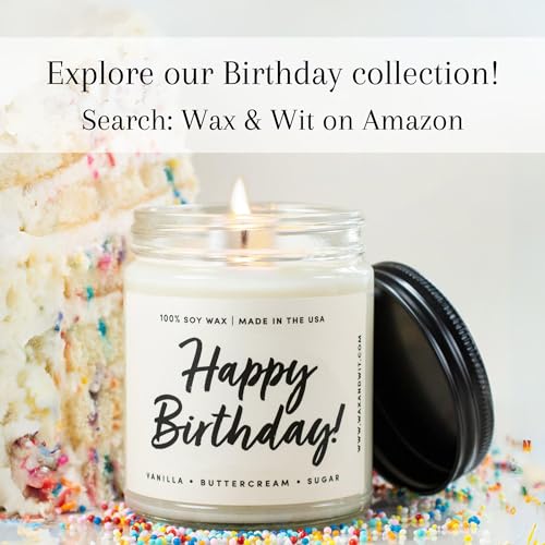 Wax & Wit Birthday Gifts for Women, Happy Birthday Candle – Scented with Vanilla, Buttercream and Sugar - 9oz, Soy Wax, 50 Hour Burn, Premium Candle Gift for Her, Friend, Daughter, Sister, Wife