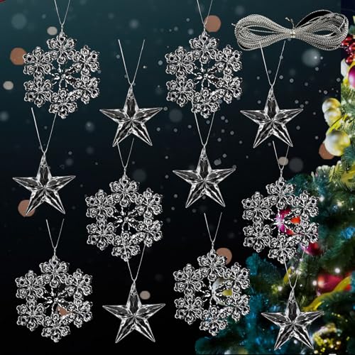 Helweet - Flocons de Neige en Cristal Acrylique, Ornements de Flocons de Neige en Cristal, Décorations pour Sapin de Noël, Flocon de Neige, Etoile Ornements pour Décoration de Noël,12 Pièces