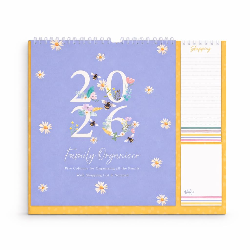 1ABOVE 2027 Family Organiser Wall Calendar – 5 Column Monthly Planner with Memo Pad, Shopping List & Pen | Bees Design Family Calendar for Home & Kitchen