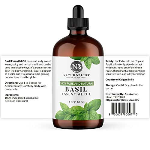 Image of NaturoBliss 100% Pure Basil Essential Oil Therapeutic Grade Premium Quality (4 fl. oz) with Glass Dropper, Perfect for Aromatherapy