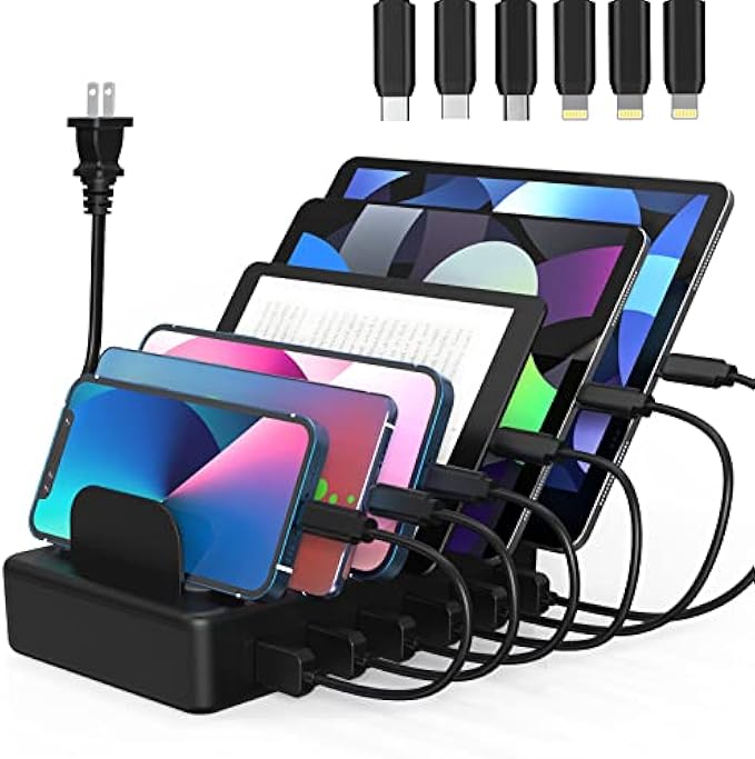 Charging Station for Multiple Devices, ZXSWONLY 50W 6 Ports Cell Phone Charging Station for Apple Devices with 6 Cables Compatible with Cellphone, Tablet, Ipad,Kindle and Other Electronic (Black)