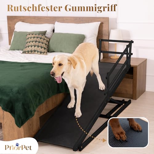 Hunderampe Bett mit Sicherheitsgeländer - Für Große Hunde bis zu 90 kg - Höhenverstellbare hundetreppe für Betten bis zu 94.5cm - Breite 49,5 cm - Klappbar - Anti-Rutsch-Griff - Birkenholz - Schwarz