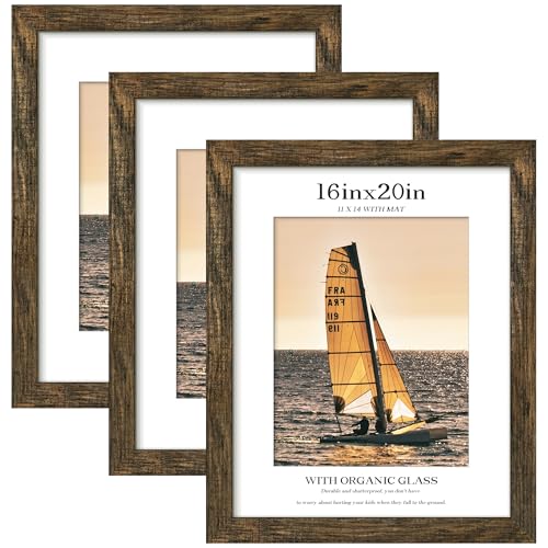 Picrit 16x20 Picture Frame 3 Pack, Brown Poster Frame, Display Poster 11 x 14 with Mat or 16 x 20 without Mat for Horizontal or Vertical Wall Mounting