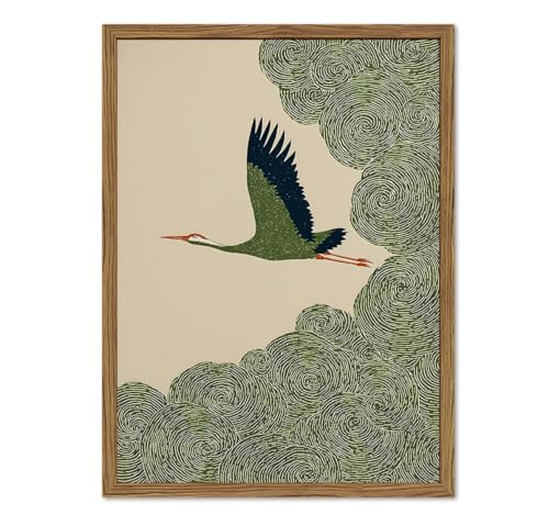 Japanese Crane Wall Art, Vintage Japan Bird Wall Decor Painting Rustic Green Flying Crane Poster Canvas Prints Picture for Bedroom Living Room Farmhouse 12x16 inch Wood Framed