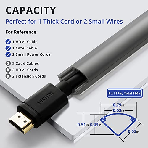 Image of ZhiYo 136in Corner Cable Hider for 1 Cord, Hide Wires on Wall Corner, Grey | Self-Adhesive Cable Concealer, 8 Pack (17 inch Each), Quarter Round Cable Management Raceway for Baseboards & Ceiling Corners