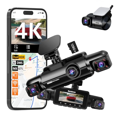 Neideso Dash Cam 4K 4 Channel, Dual HDR IMX675 IMX307, AI Dashcam with Driver Monitor System, 4K+1080P*3 Car Camera, 360° Dash Camera 5G WiFi GPS, 128GB SD Card Night Vision 24H Parking Mode, N900-4CH