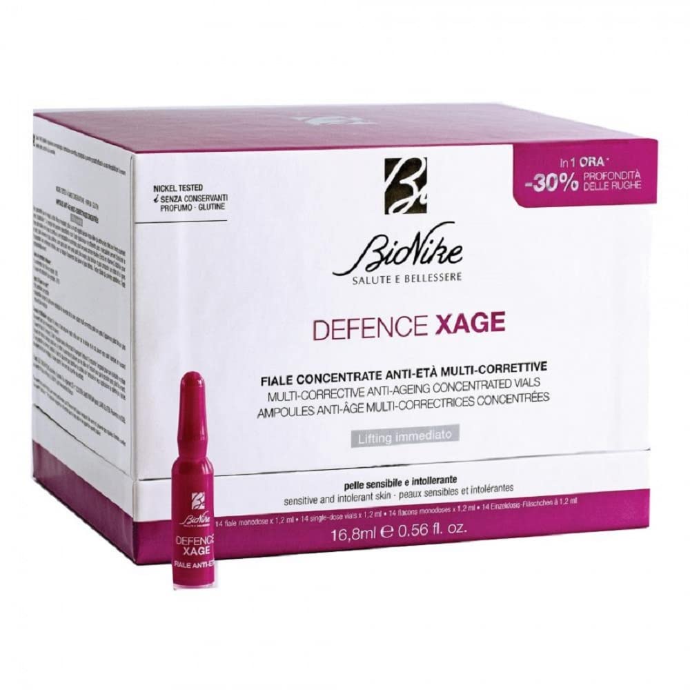 Bionike Defence Xage - Fiale Viso Concentrate Anti-età Multi-correttive, per Pelli Sensibili e Intolleranti, Azione Rimpolpante per Attenuare le Rughe, Donano Tonicità e Luminosità, 14 Fiale