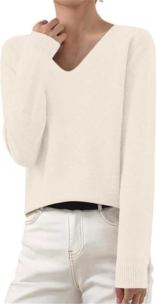 OIOLOYJM Fall Cashmere Sweaters for Women 2025 V Neck Long Sleeve Tops Lightweight Knitted Pullovers Merino Wool Sweater