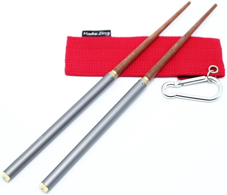 Titanium + Rosewood Chopsticks Portable Foldable Reusable Suitable for Outdoor Camping with Storage Bag with Carabiner Clip